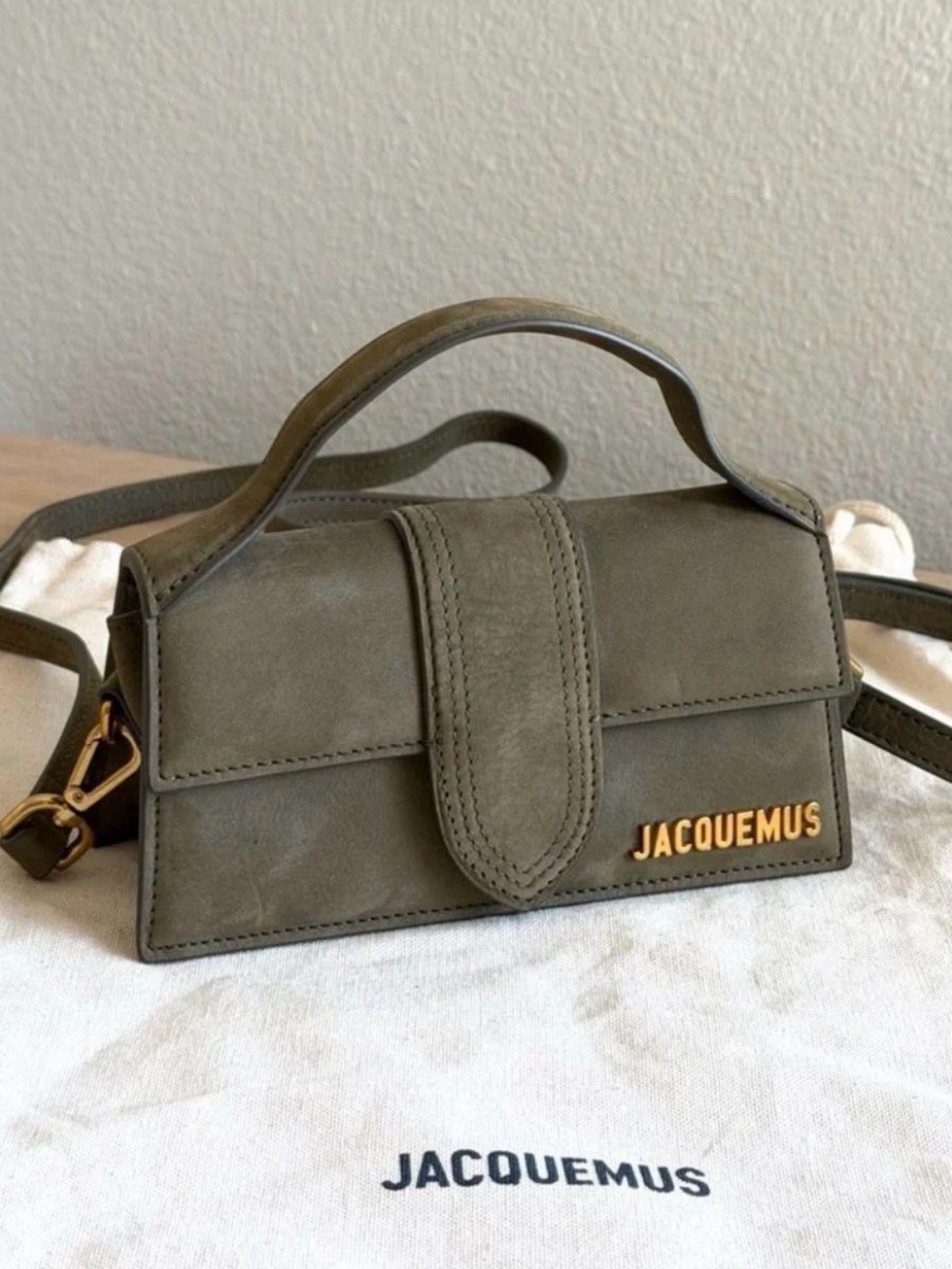 Jacquemus olive green Le Chiquito-style leather mini bag with gold logo